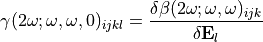 \gamma (2 \omega; \omega, \omega, 0)_{ijkl} = \frac{ \delta \beta (2 \omega; \omega, \omega)_{ijk}}{\delta \bold{E}_l}